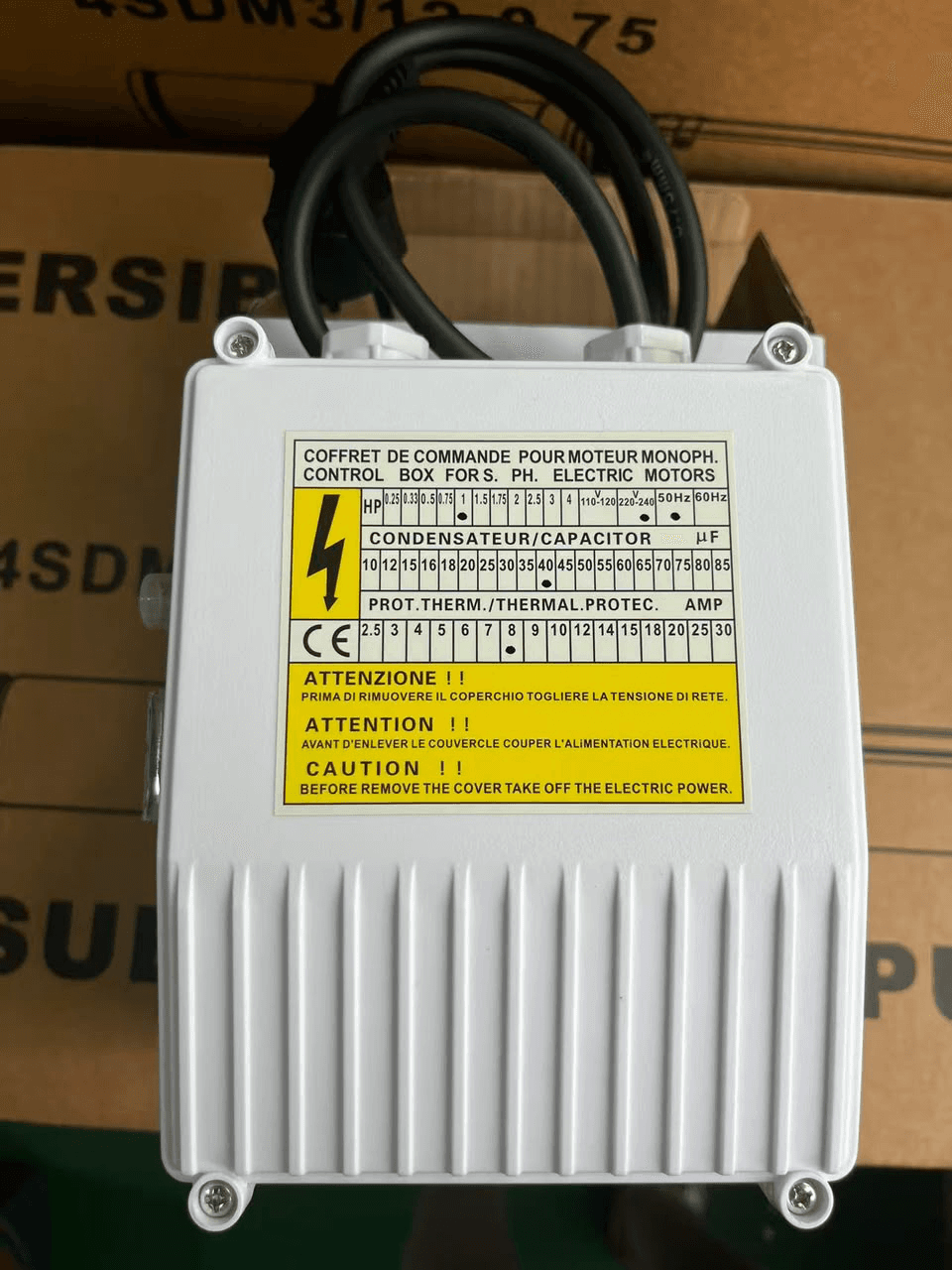 Single-phase control box included with CALFO Hydrotech pumps