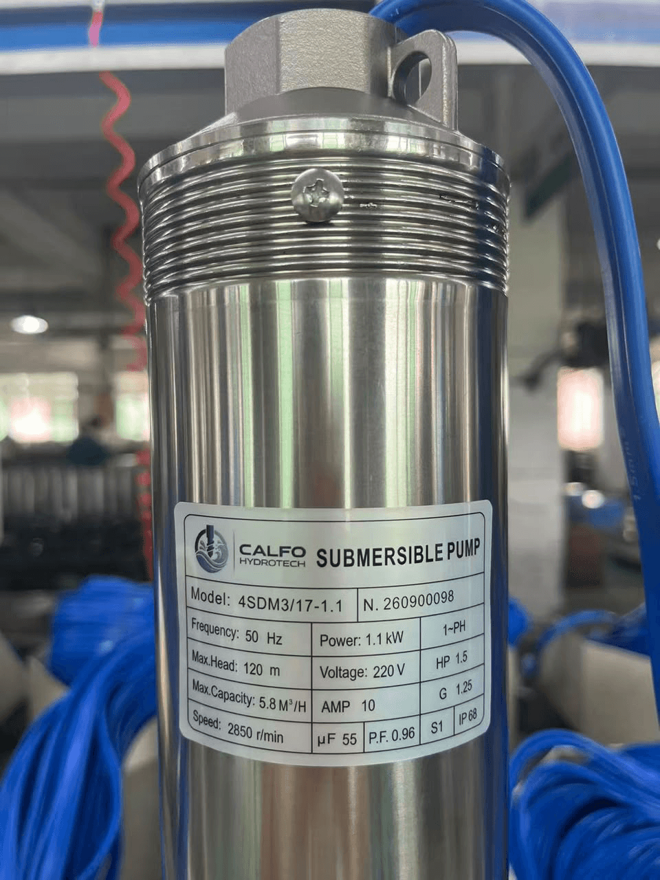 1.5 HP submersible pump nameplate showing genuine specifications